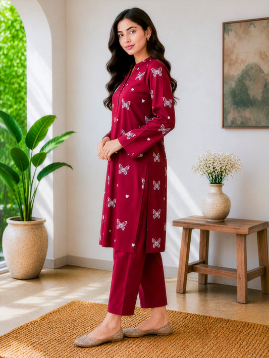 Maroon Grace Butterfly Print 2-Piece Suit (Unstitched)