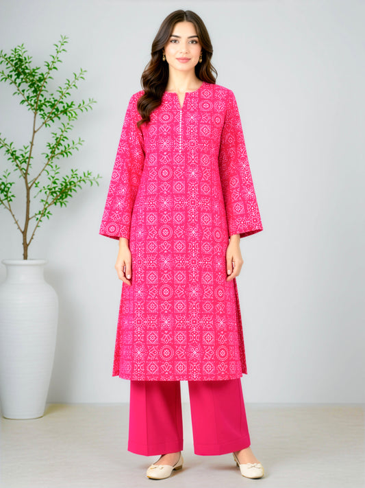 Fuchsia Pink Geometric Printed Linen Unstitched 2-Piece Suit