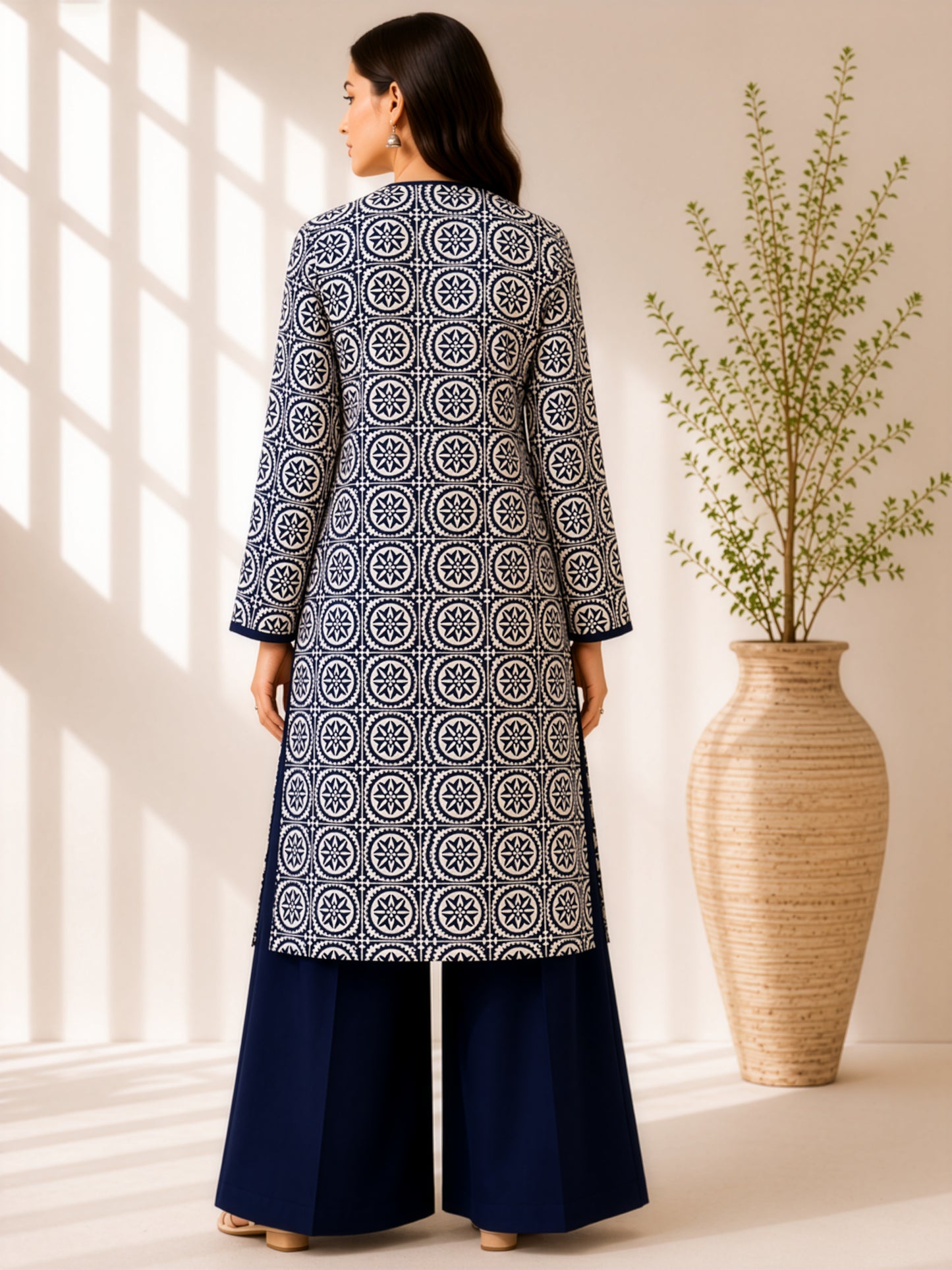 Navy Medallion Printed Linen Unstitched 2 Piece