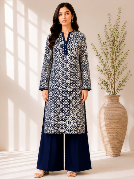 Navy Medallion Printed Linen Unstitched 2 Piece