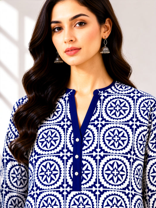 Navy Medallion Printed Linen Unstitched 2 Piece