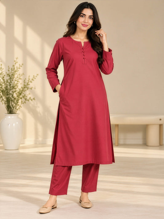 Rosewood Elegance – Premium Stone Linen Winter Kurta Set