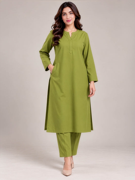 Olive Aura – Stone Linen Winter Kurta Set