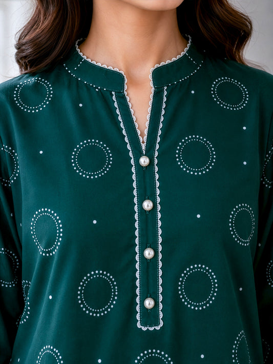 Dark Green Circle Printed 2-Piece Suit (Unstitched)