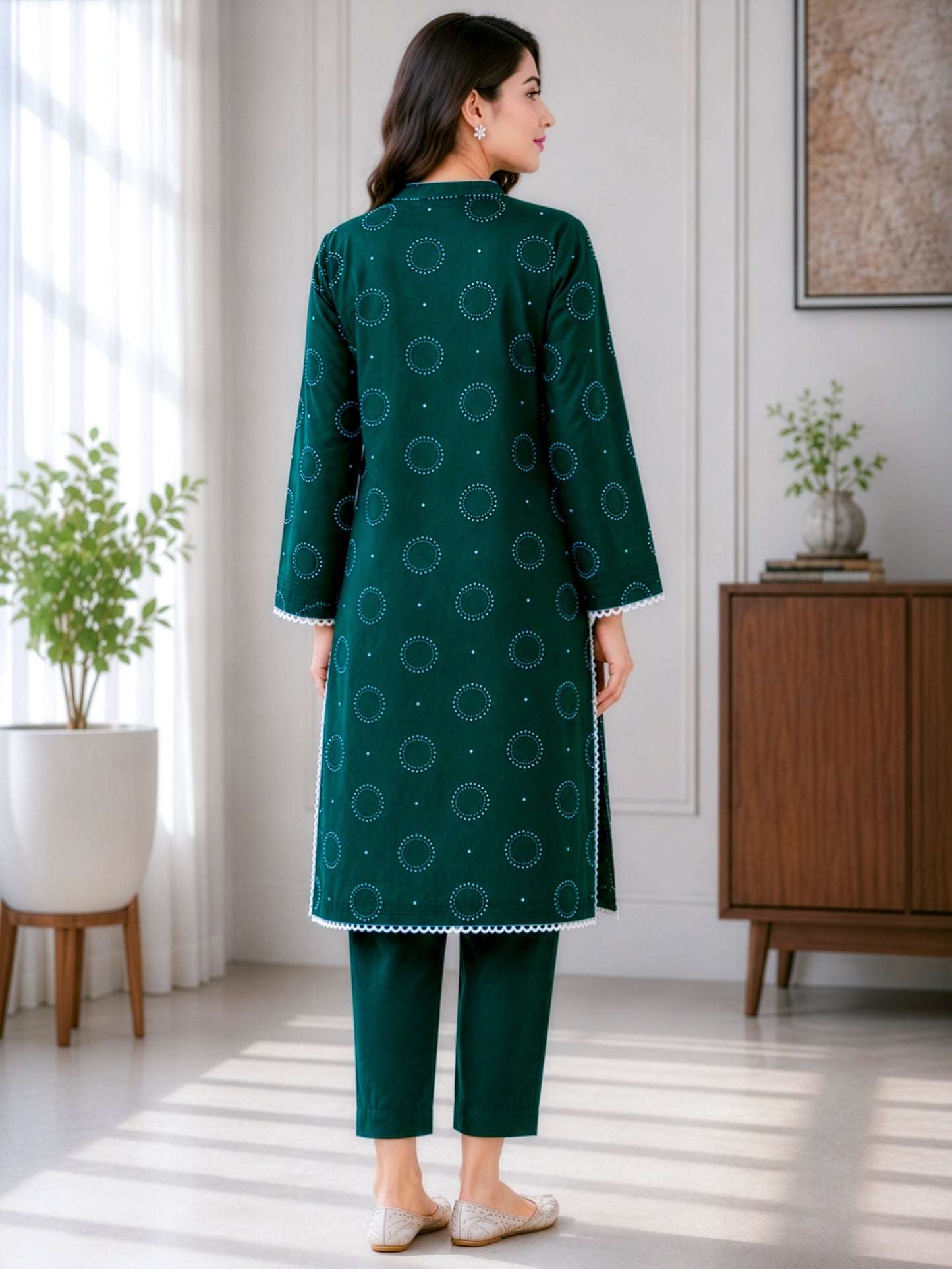 Dark Green Circle Printed Unstitched 2-Piece