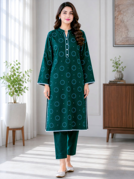 Dark Green Circle Printed Unstitched 2-Piece