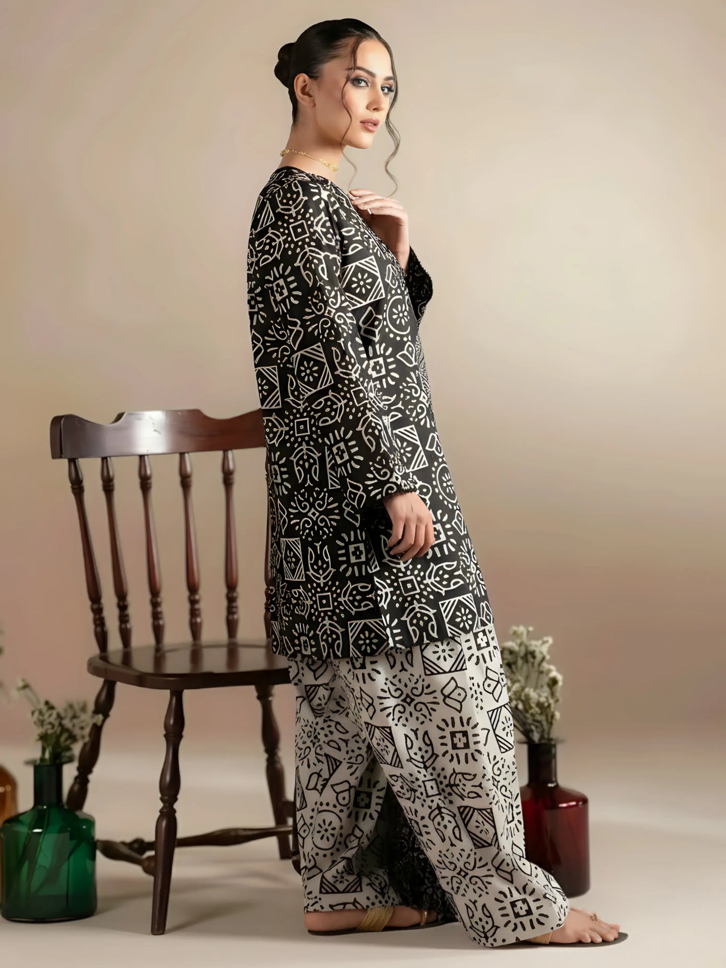 3 Piece Stone Linen-Printed (Pret)