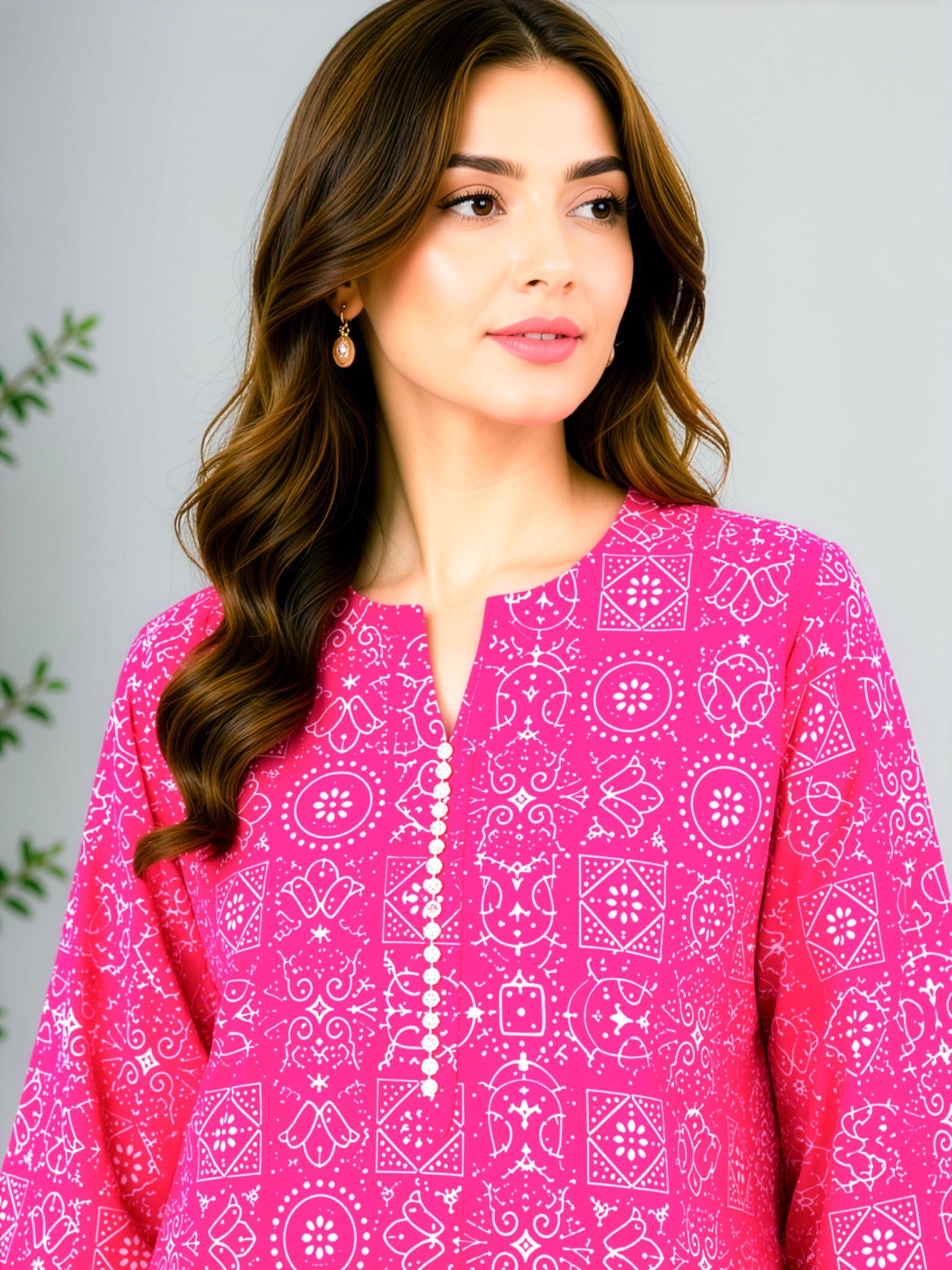 Fuchsia Pink Geometric Printed Linen Unstitched 2-Piece Suit