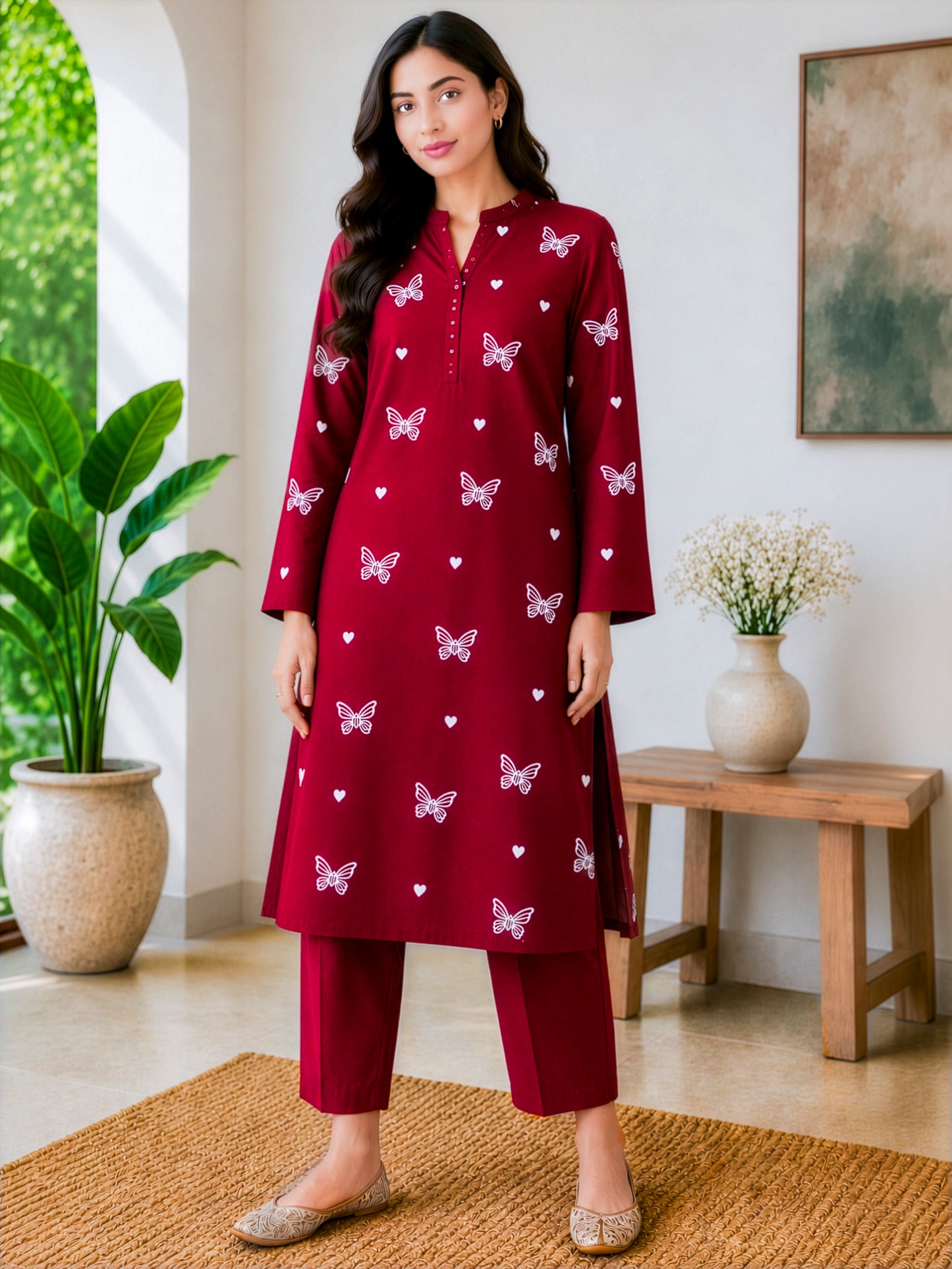 Maroon Grace Butterfly Print 2-Piece Suit (Unstitched)