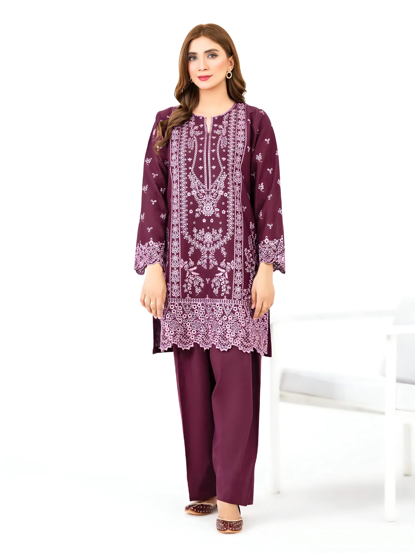 2 Piece Stone Linen Full Embroidered (Pret)