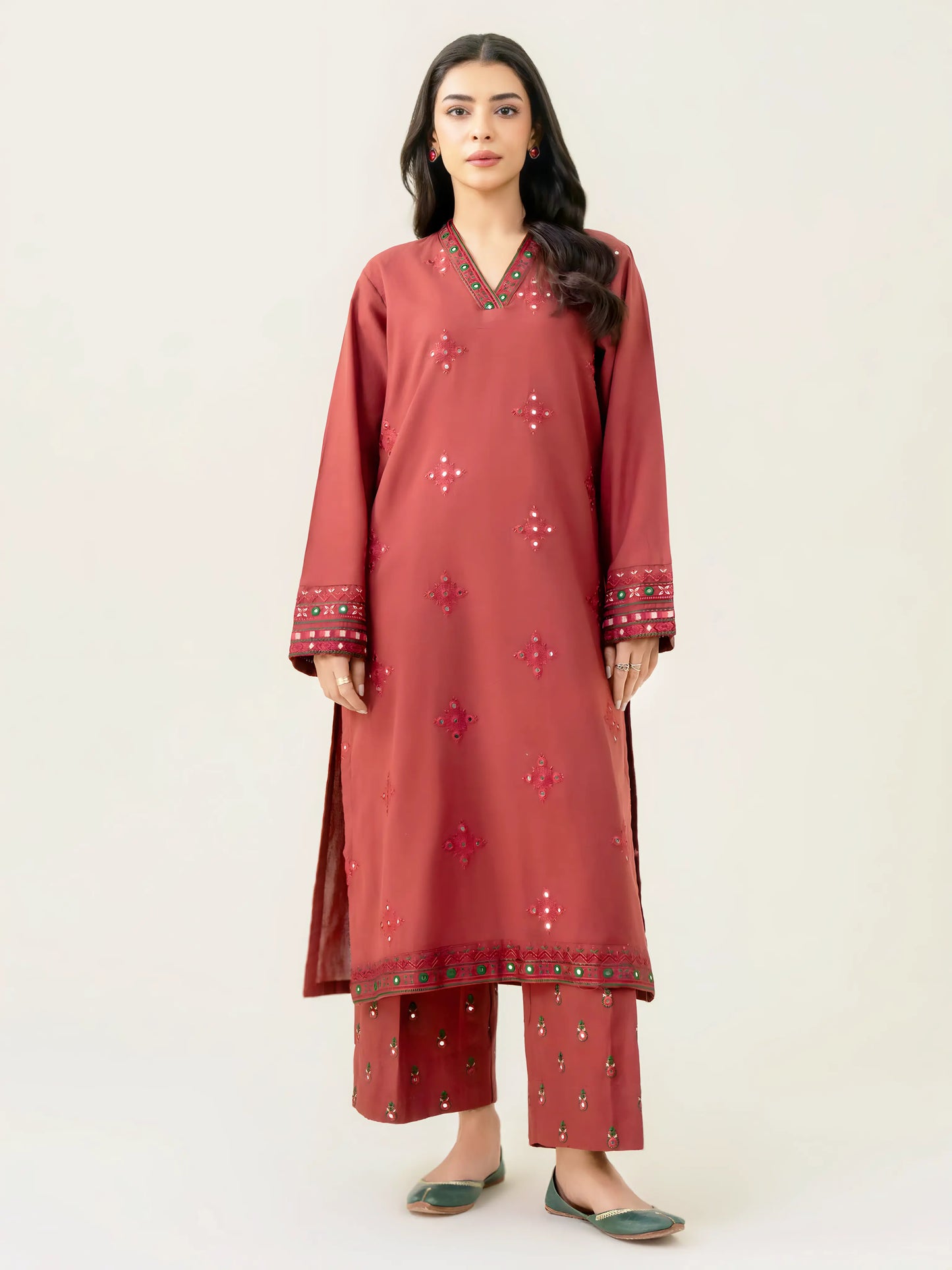 2 Piece Stone Linen-Embroidered (Pret)