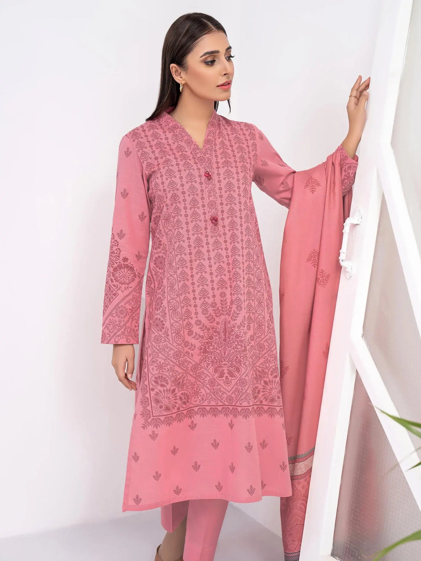 3 Piece Stone Linen-Printed (With Shawl)