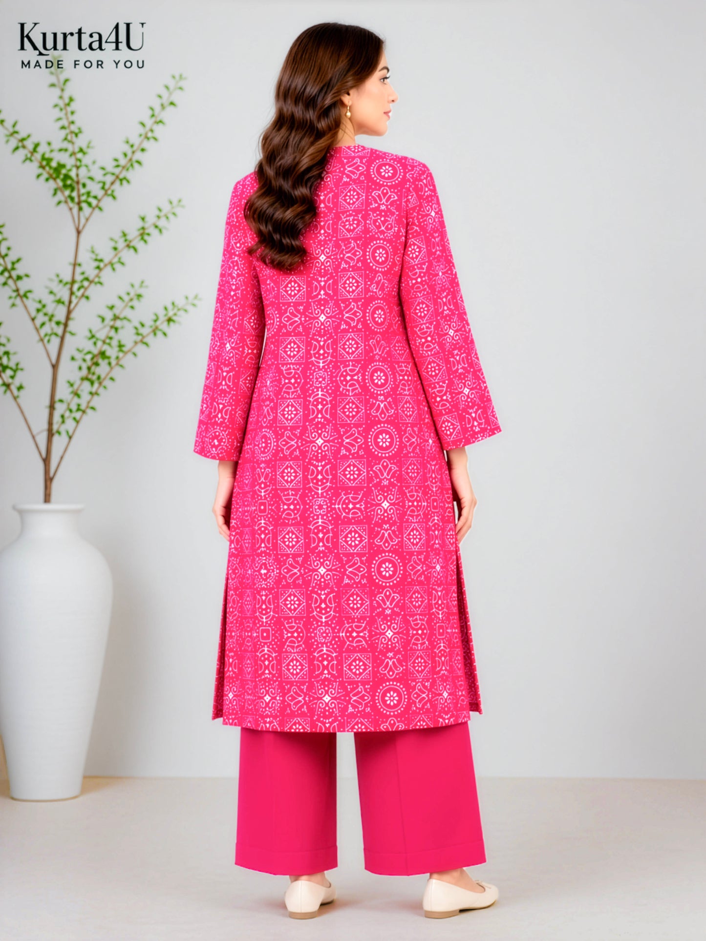 Fuchsia Pink Geometric Printed Linen Unstitched 2-Piece Suit