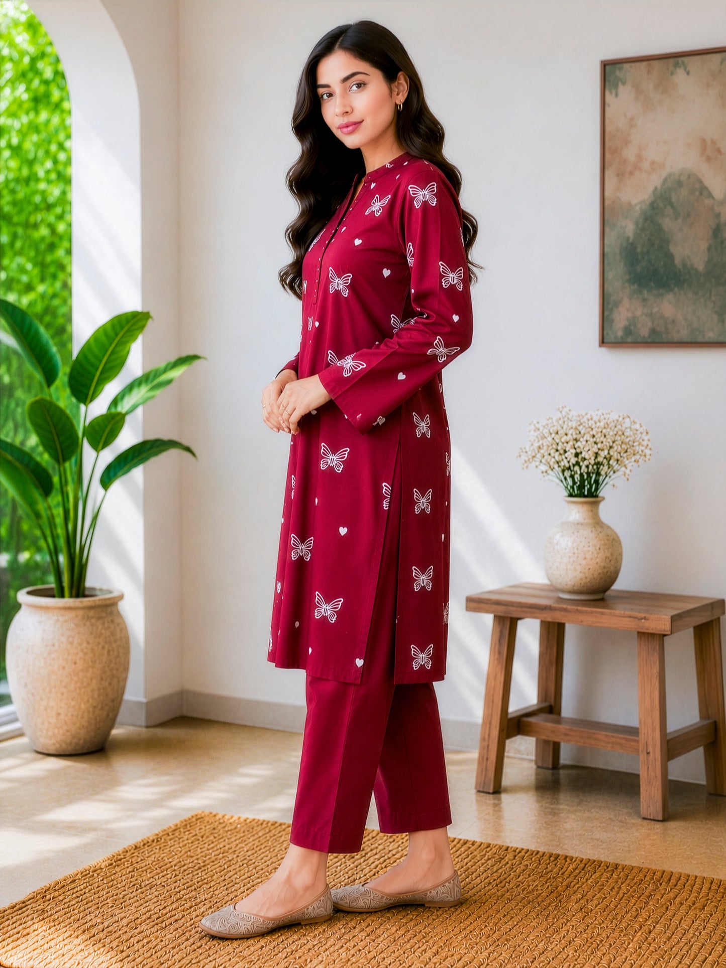 Maroon Grace Butterfly Print 2-Piece Suit (Unstitched)
