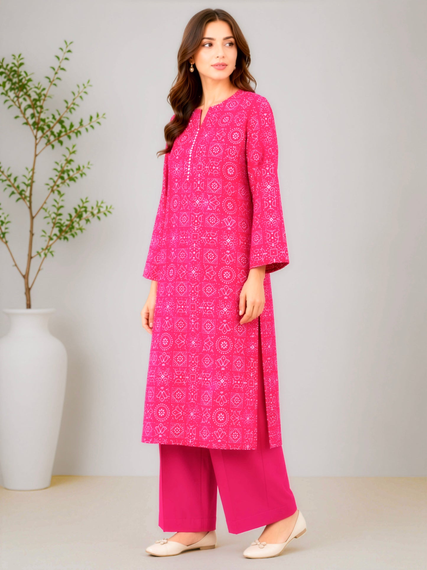 Fuchsia Pink Geometric Printed Linen Unstitched 2-Piece Suit