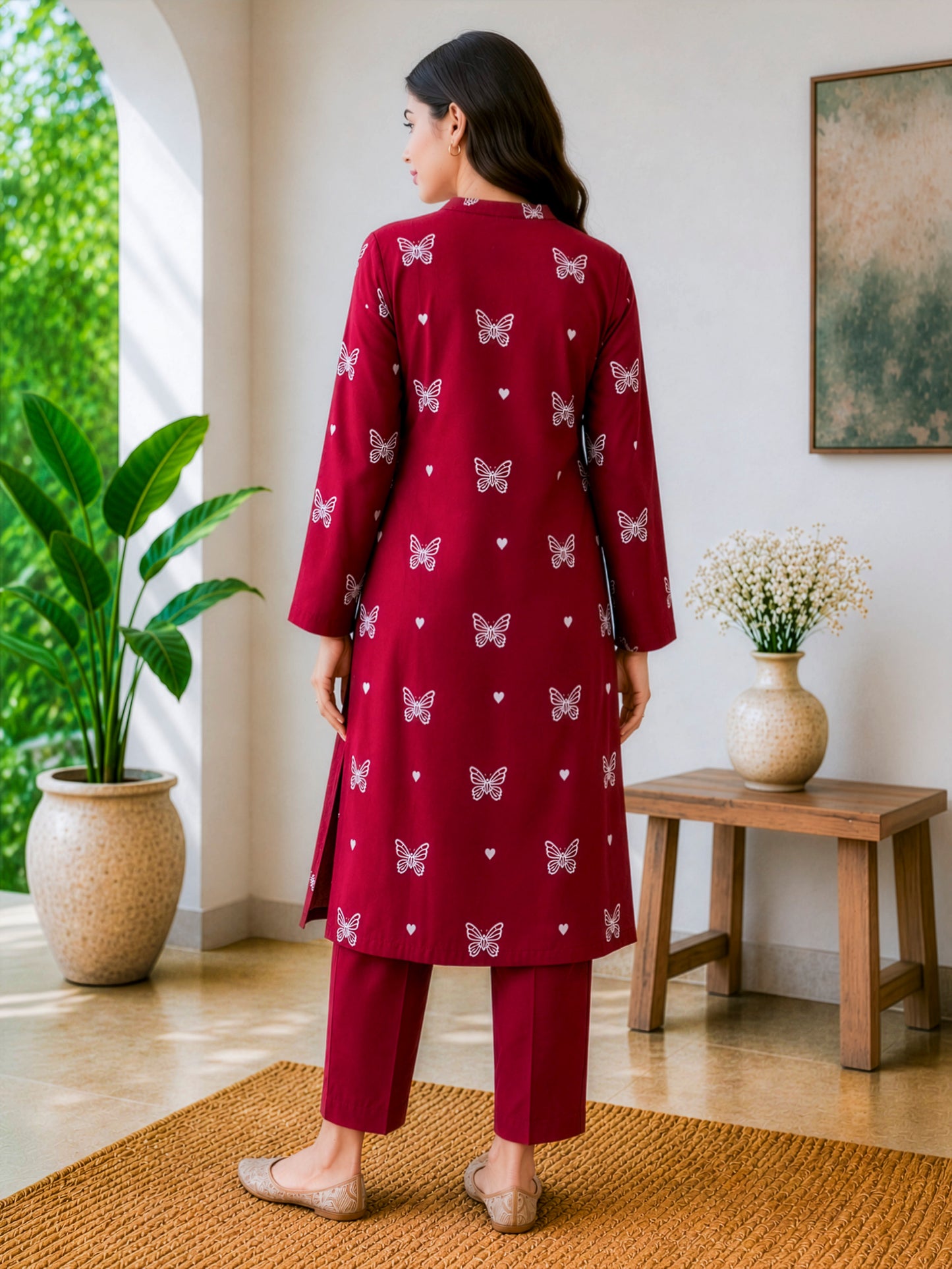 Maroon Grace Butterfly Print 2-Piece Suit (Unstitched)