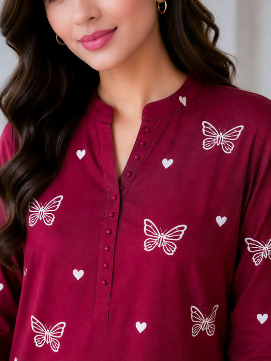 Maroon Grace Butterfly Print 2-Piece Suit (Unstitched)