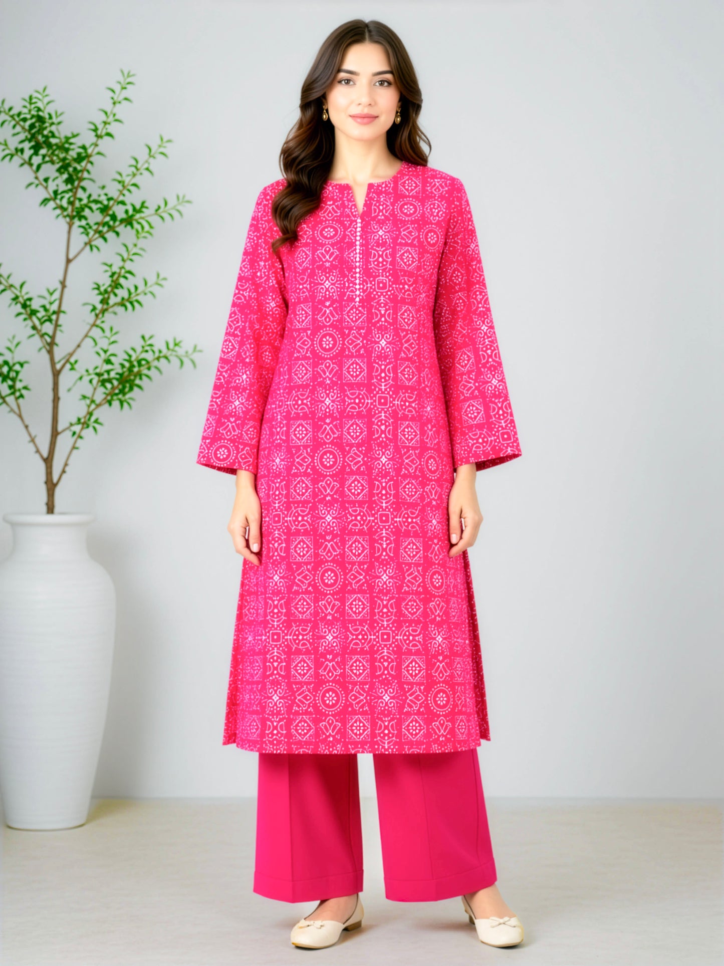 Fuchsia Pink Geometric Printed Linen Unstitched 2-Piece Suit