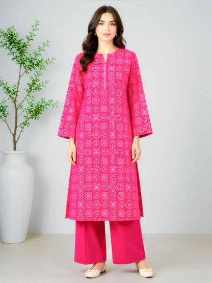 Fuchsia Pink Geometric Printed Linen Unstitched 2-Piece Suit