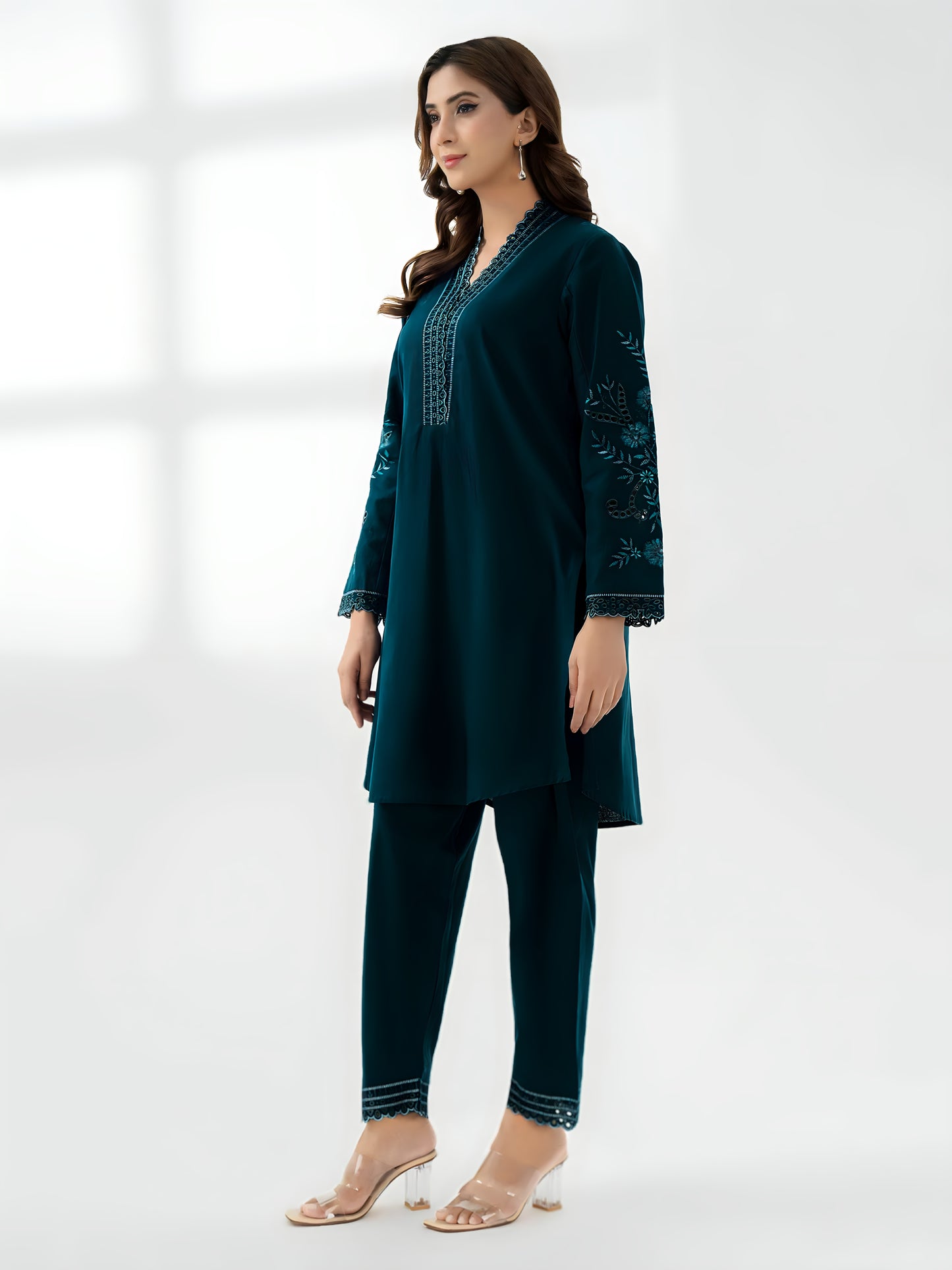 2 Piece Stone Linen-Embroidered (Pret)