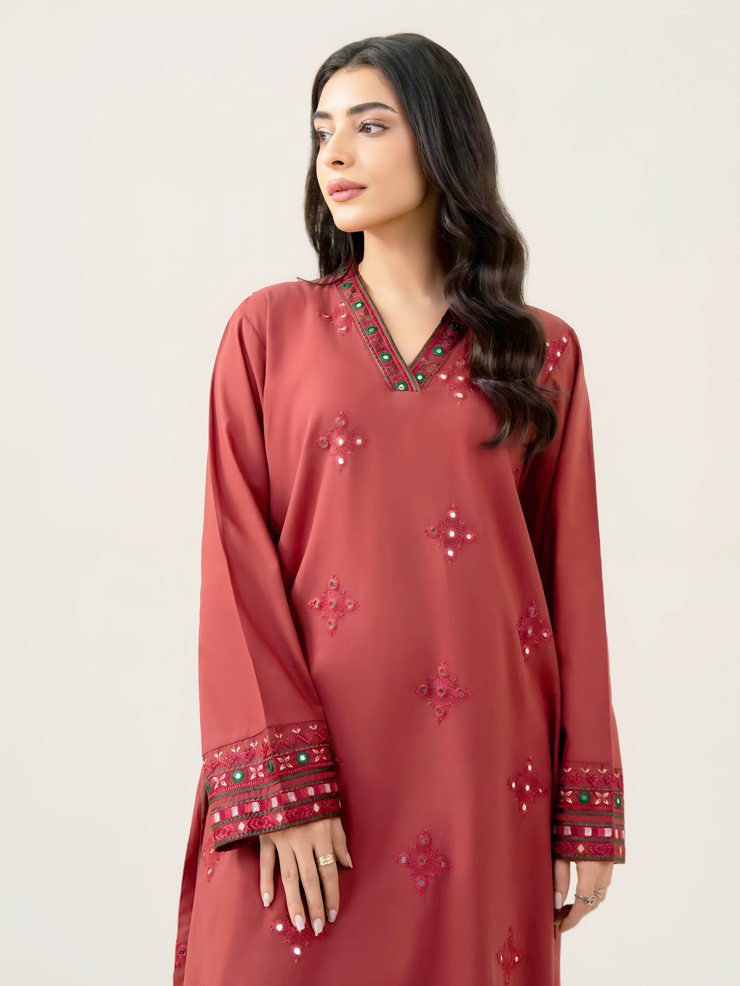 2 Piece Stone Linen-Embroidered (Pret)