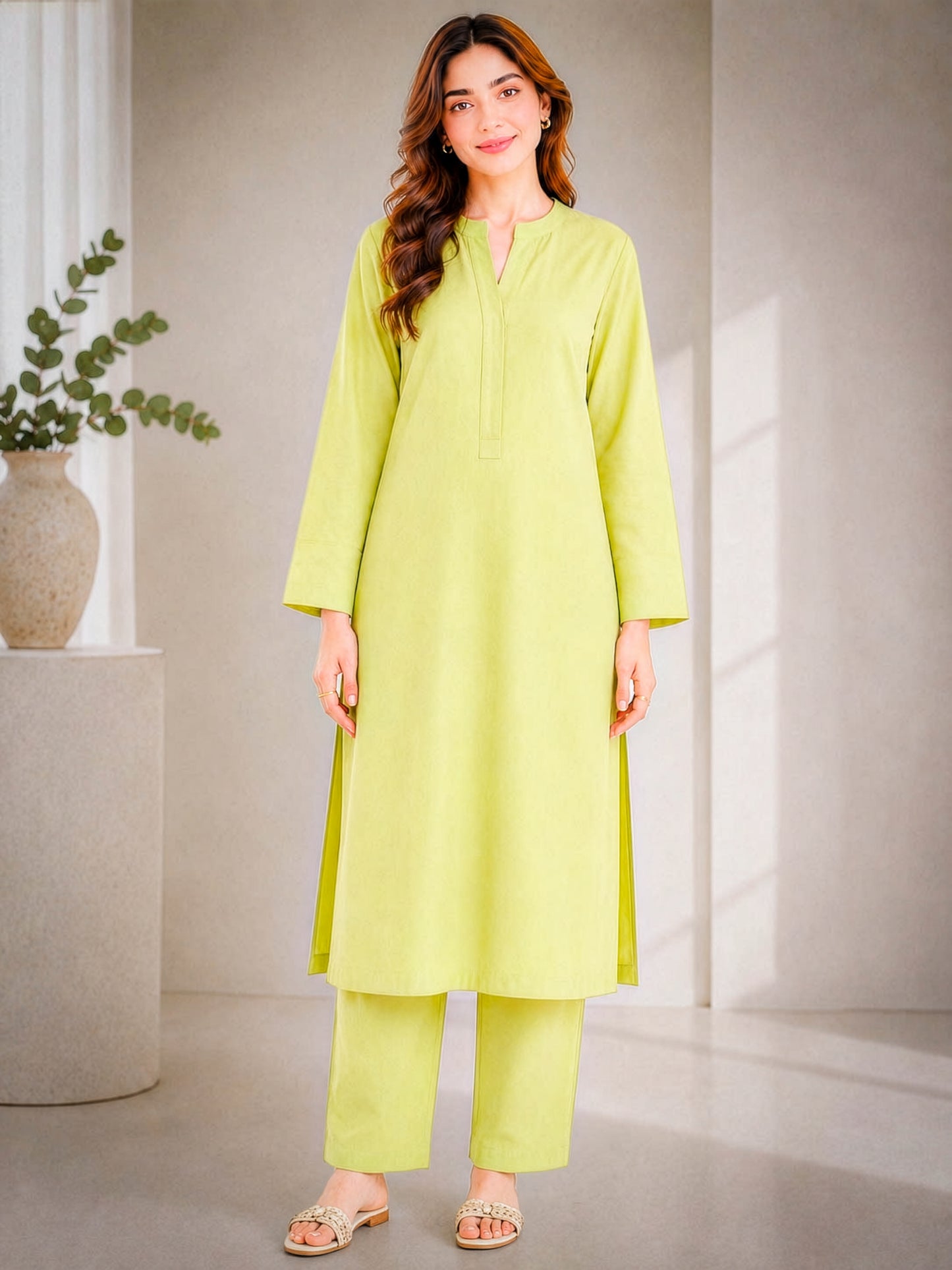 Lime Green Straight Kurta Set ( Pret )