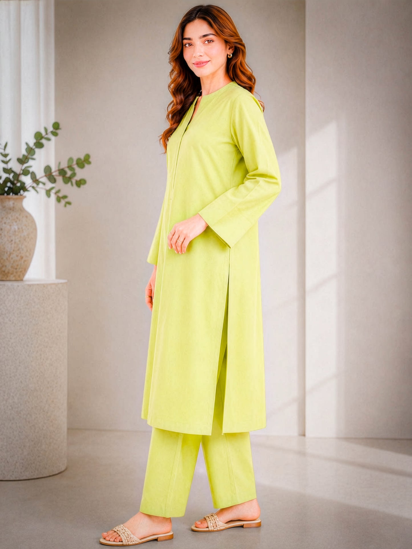 Lime Green Straight Kurta Set ( Pret )