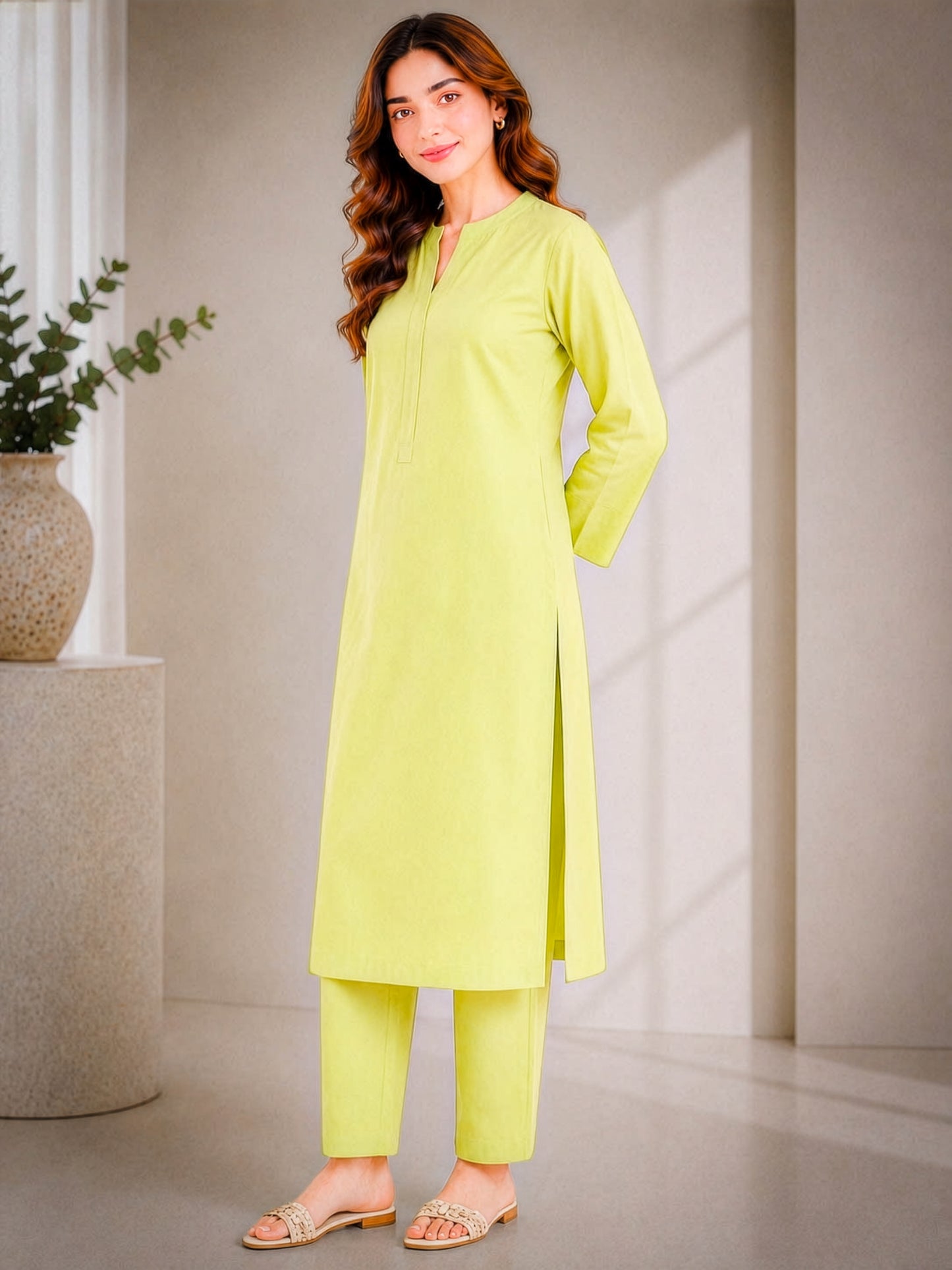 Lime Green Straight Kurta Set ( Pret )