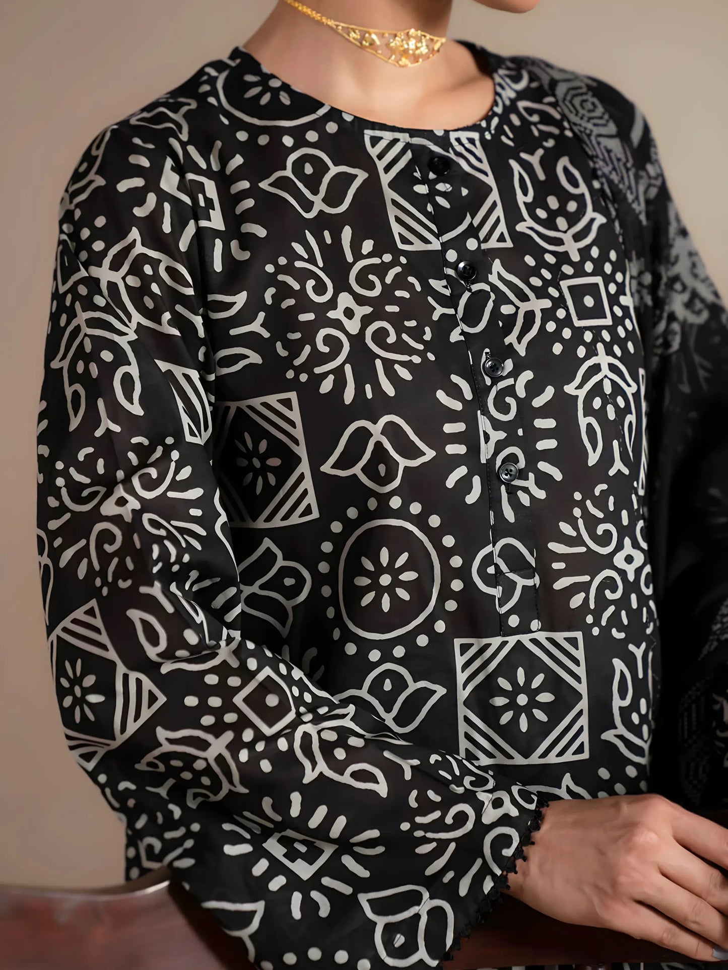 3 Piece Stone Linen-Printed (Pret)