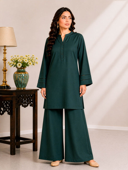 Bottle Green Solid Kurta Palazzo Co-Ord Set