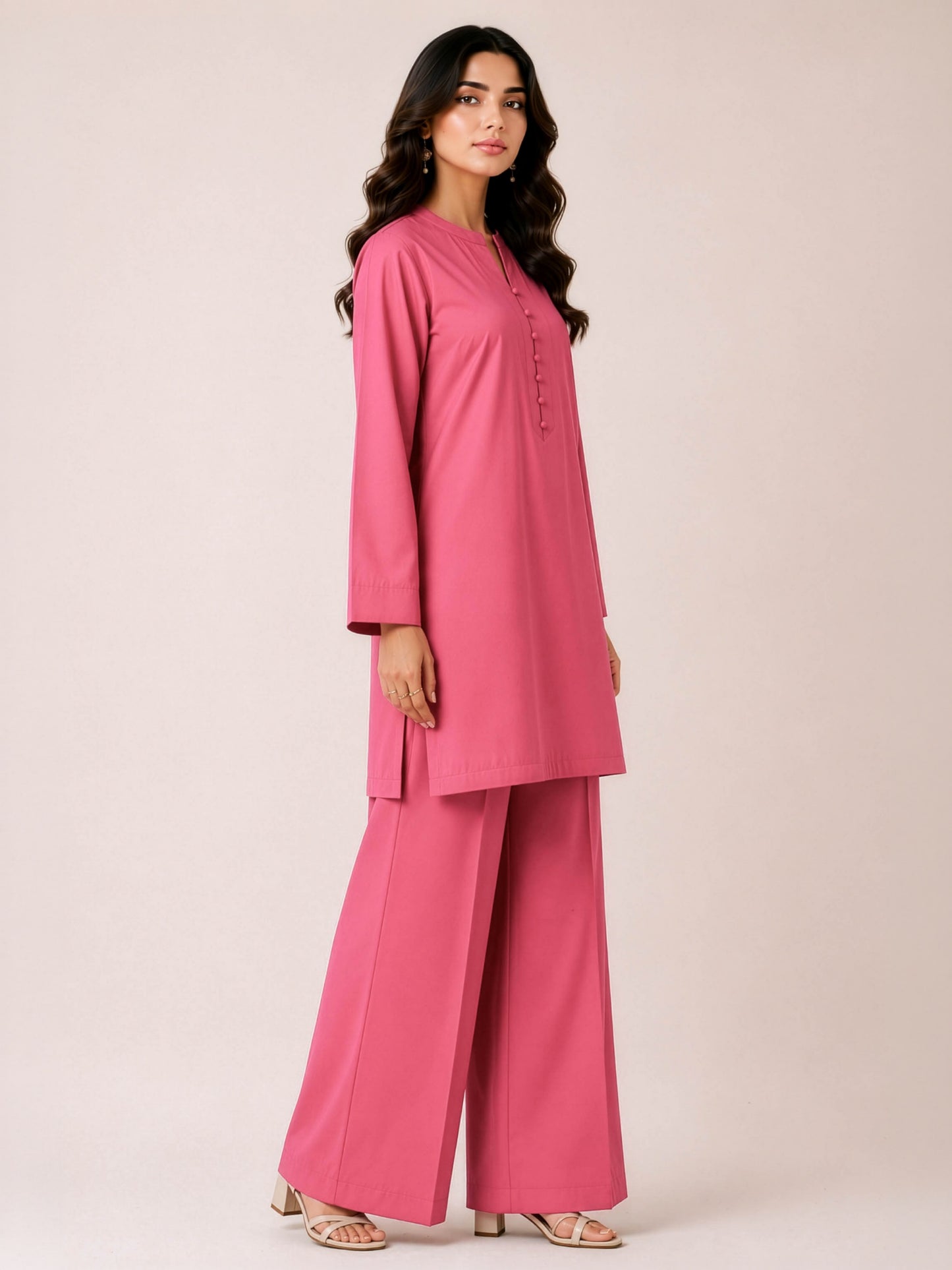 Solid Rose Pink Ethnic Kurta with Palazzo Pant