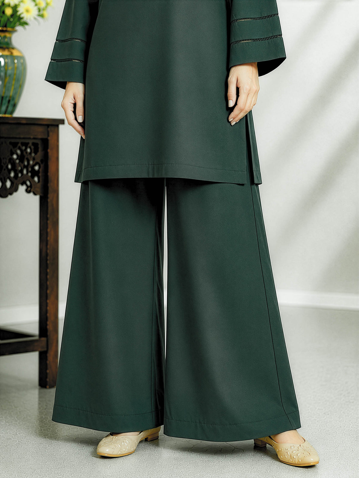 Bottle Green Solid Kurta Palazzo Co-Ord Set