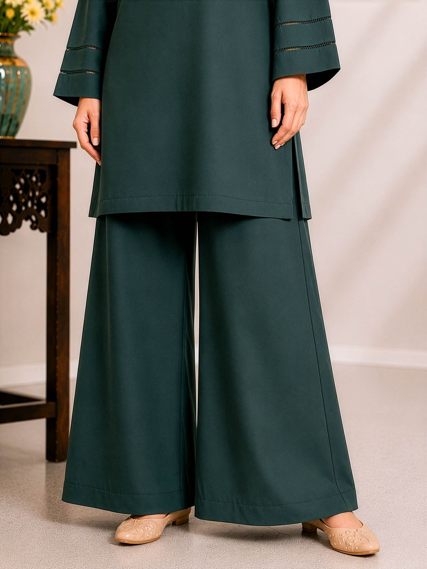 Bottle Green Solid Kurta Palazzo Co-Ord Set