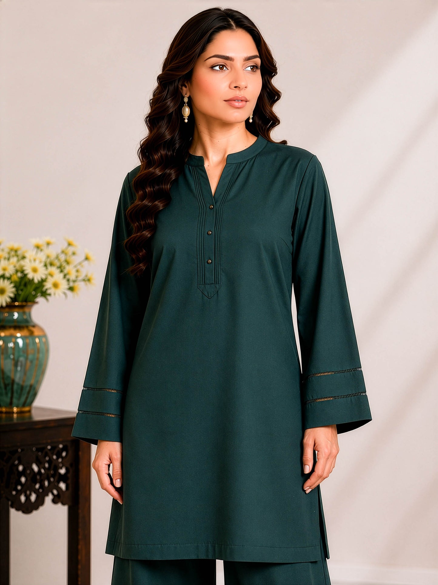 Bottle Green Solid Kurta Palazzo Co-Ord Set