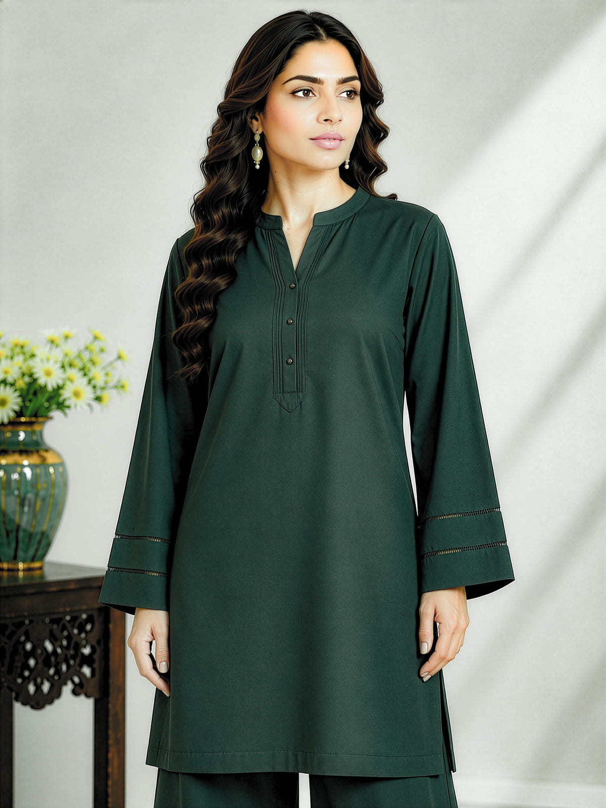 Bottle Green Solid Kurta Palazzo Co-Ord Set
