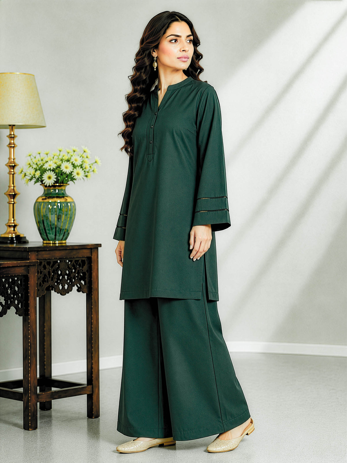Bottle Green Solid Kurta Palazzo Co-Ord Set