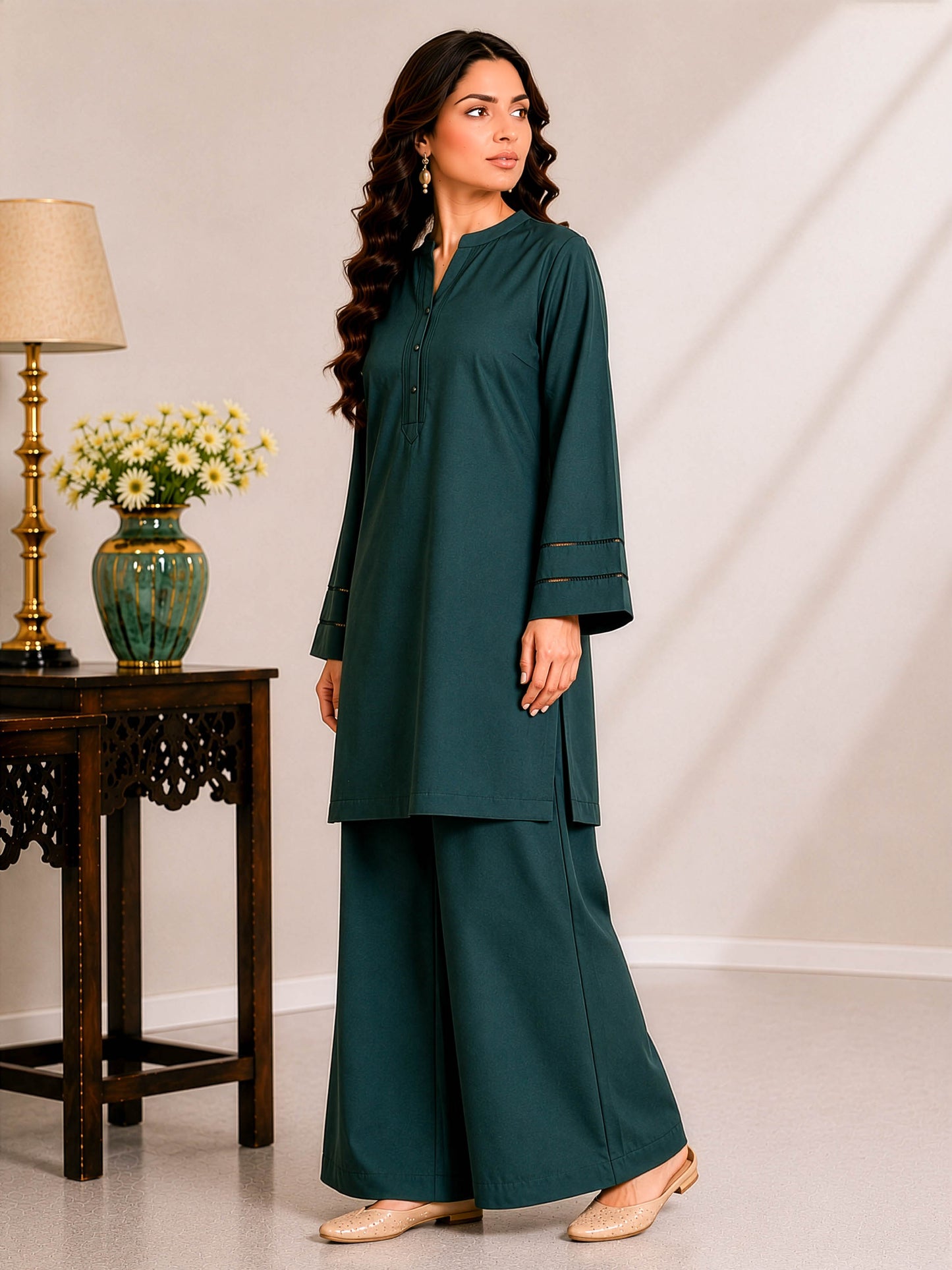 Bottle Green Solid Kurta Palazzo Co-Ord Set