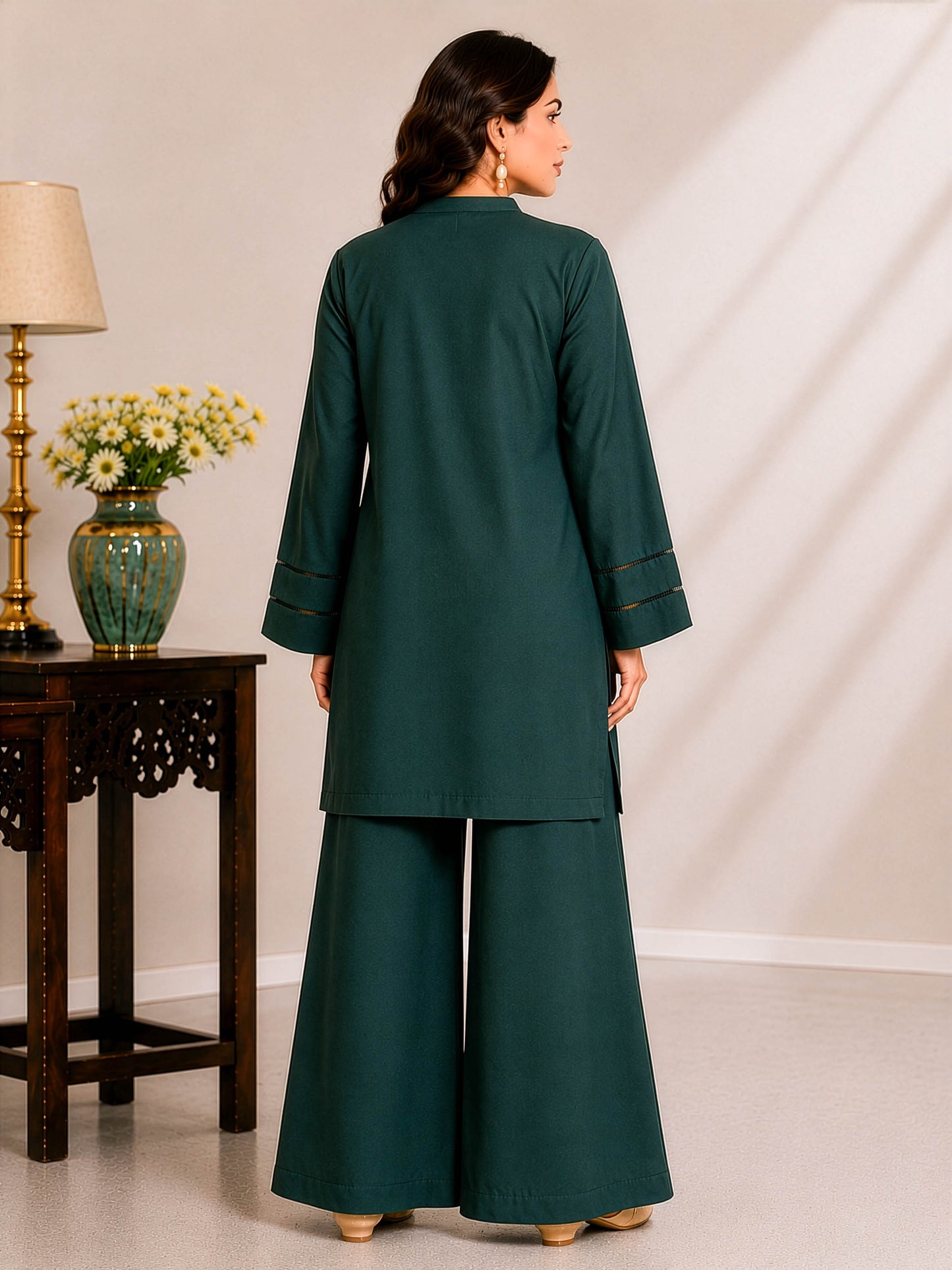 Bottle Green Solid Kurta Palazzo Co-Ord Set