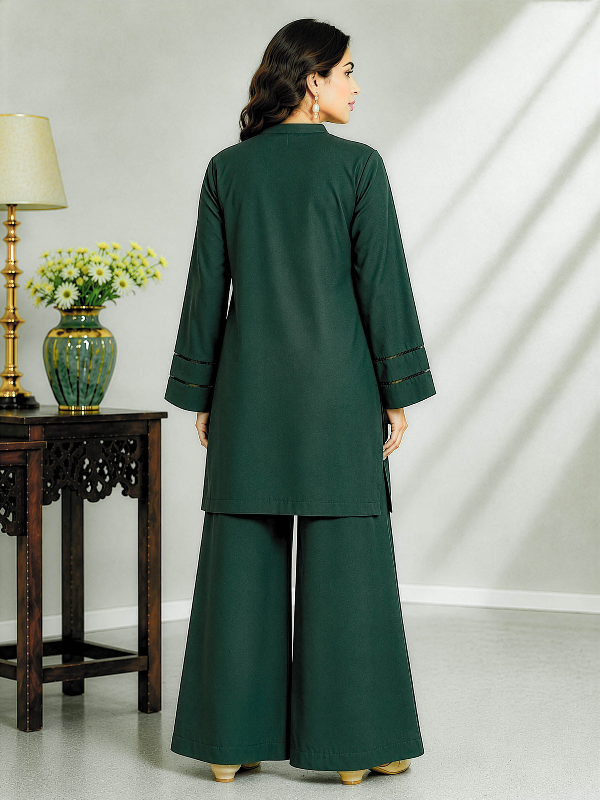 Bottle Green Solid Kurta Palazzo Co-Ord Set