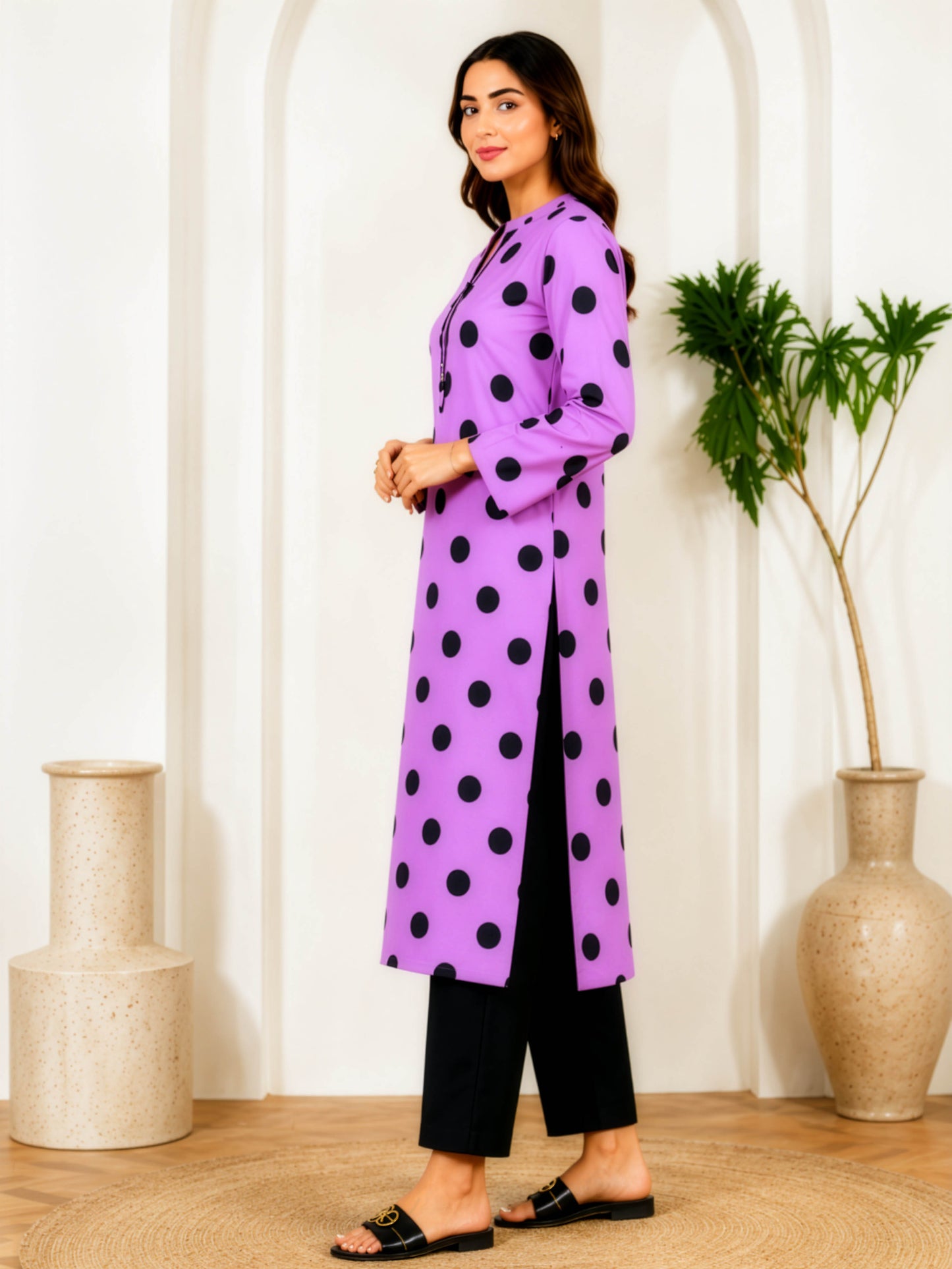 Lilac Polka Charm – Unstitched 2 Piece Linen Suit