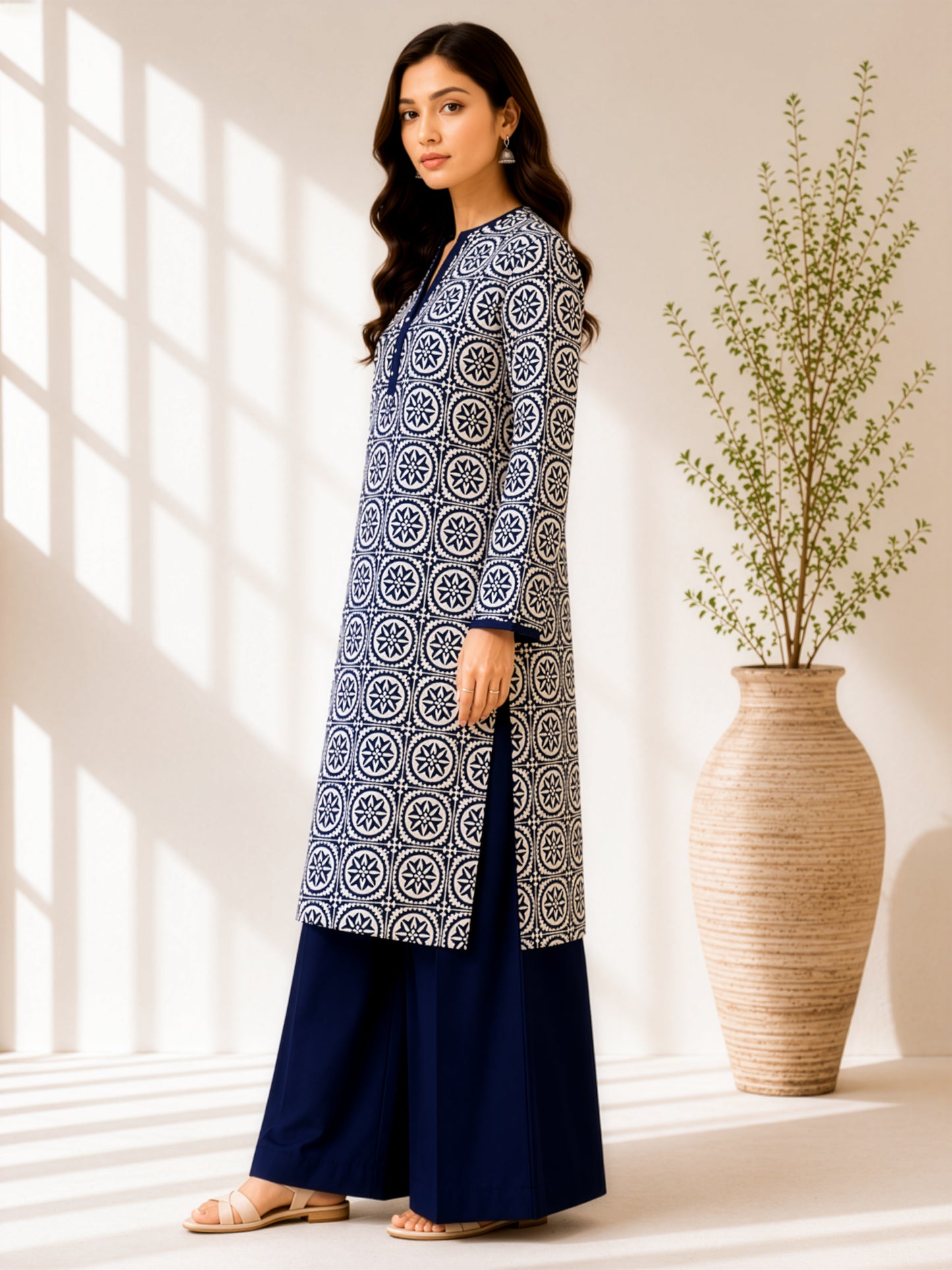 Navy Medallion Printed Linen Unstitched 2 Piece