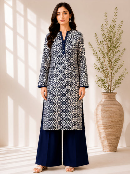 Navy Medallion Printed Linen Unstitched 2 Piece