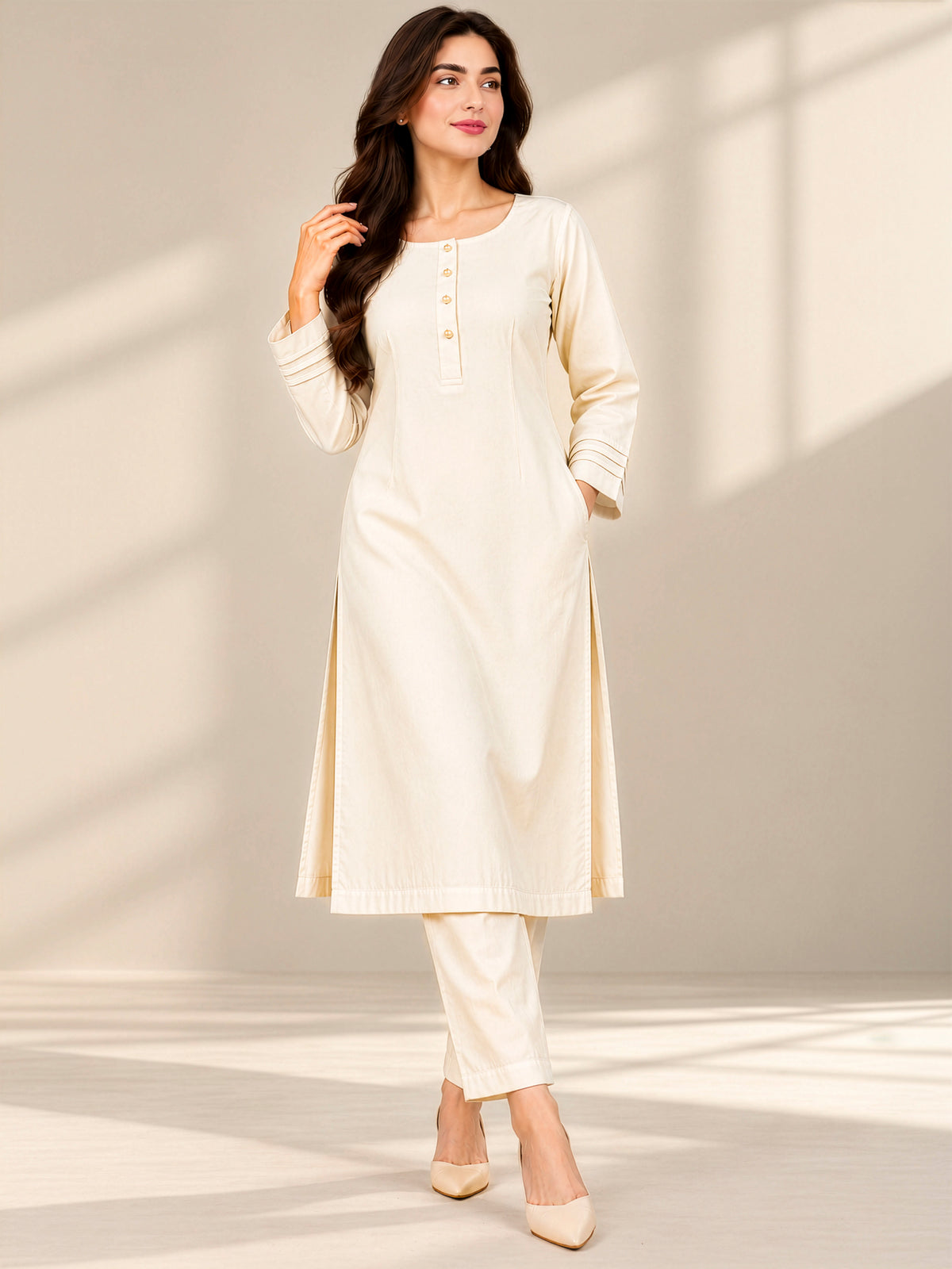 Ivory Grace – Premium Stone Linen Winter Kurta Set
