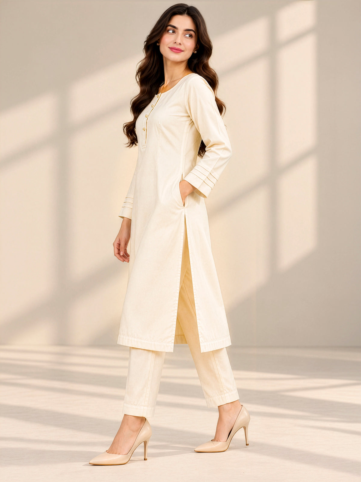 Ivory Grace – Premium Stone Linen Winter Kurta Set