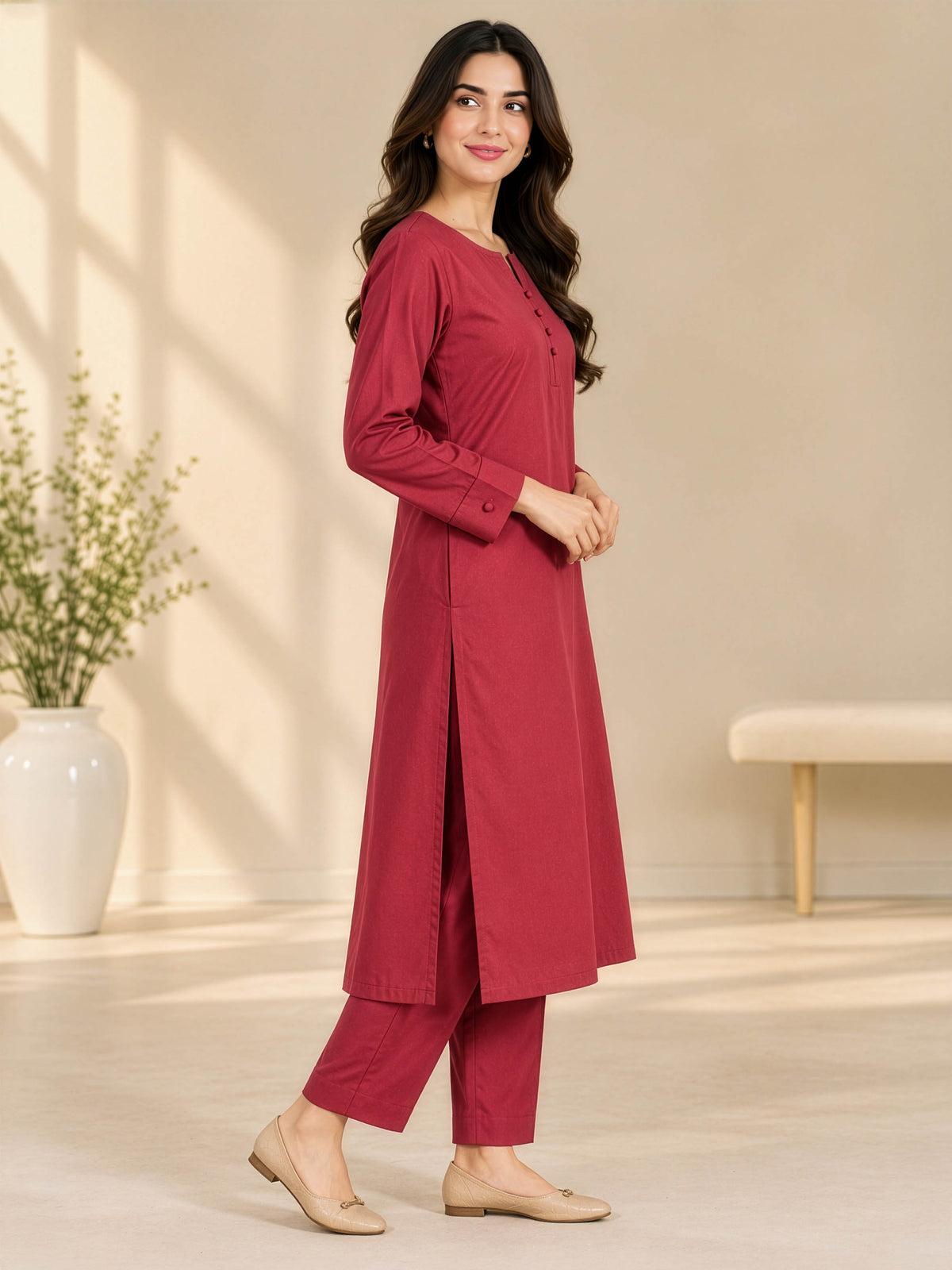 Rosewood Elegance – Premium Stone Linen Winter Kurta Set