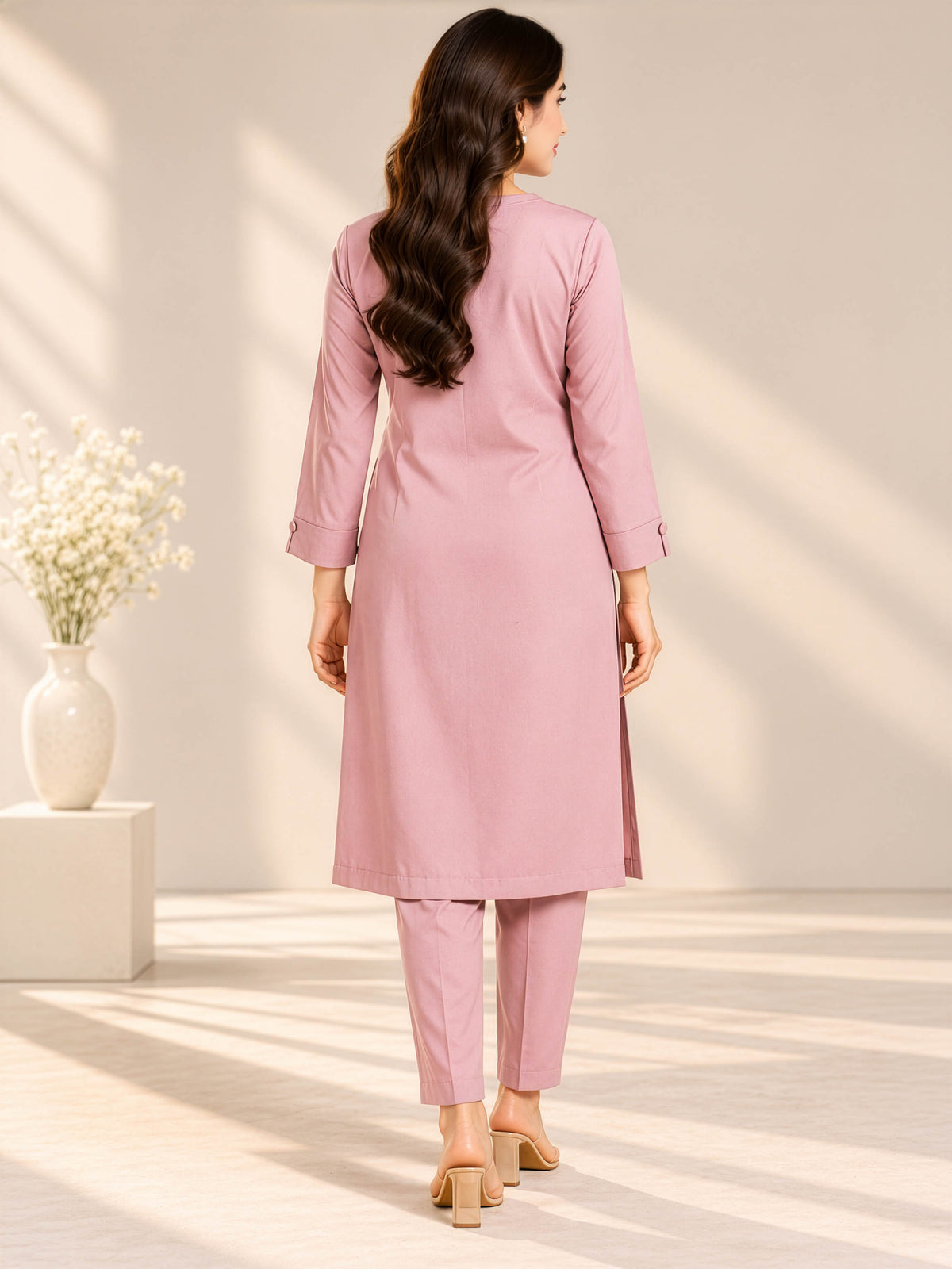 Rosewood Charm — Stone Linen Kurta Set