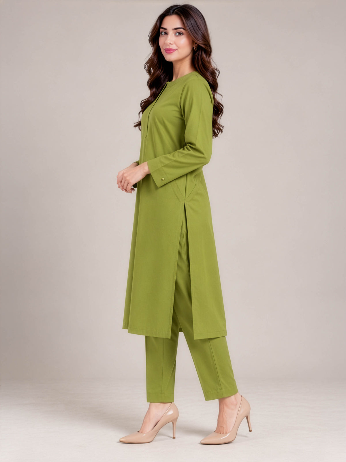 Olive Aura – Stone Linen Winter Kurta Set