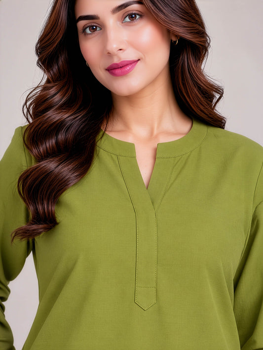 Olive Aura – Stone Linen Winter Kurta Set