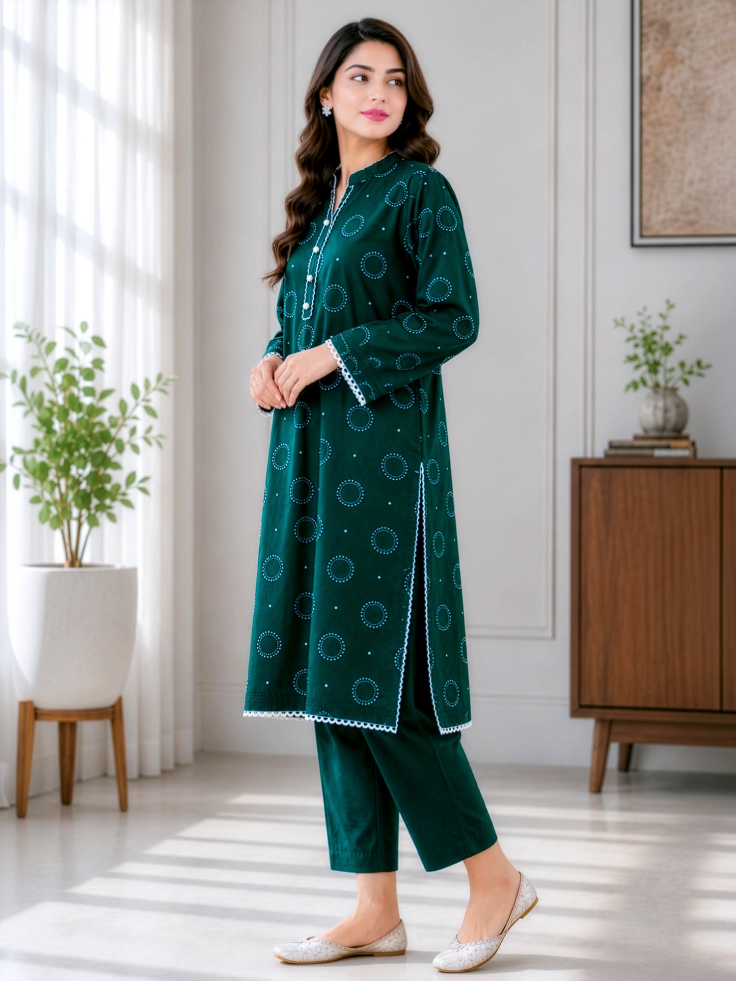 Dark Green Circle Printed Unstitched 2-Piece