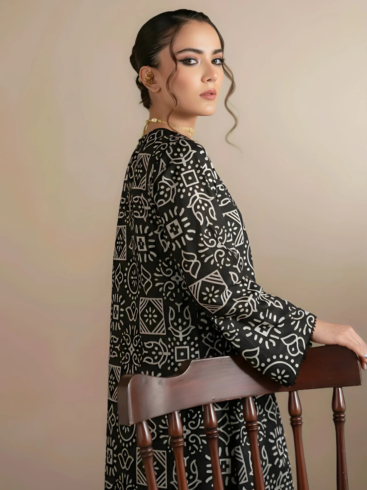 3 Piece Stone Linen-Printed (Pret)